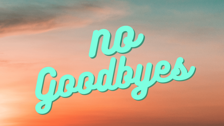 The words "No Goodbyes" over the image of a red and blue sunset.