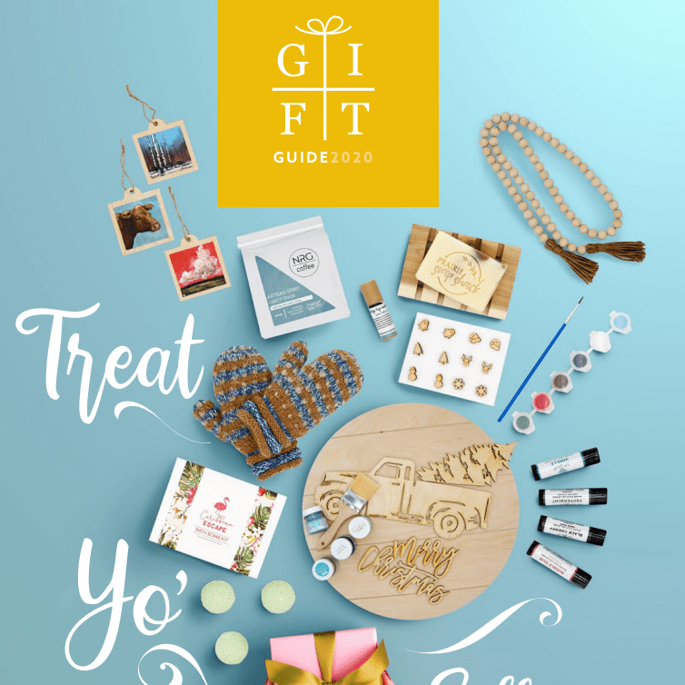 Screenshot of the Flagstaff Crafted gift guide, a blue background with the words "Treat Yo' Self" in curly script and images of items from inside the guide floating around the text.