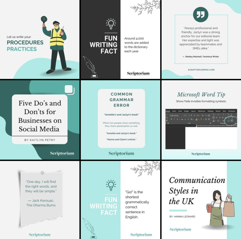 A 6x6 Instagram grid of images in a complementary colour scheme with various headlines and text.